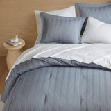 Woven Striped Pleated Comforter Set, Blue/Grey