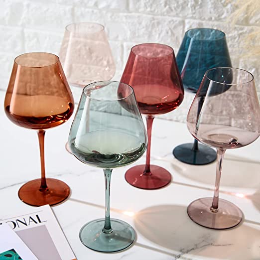 Colored Crystal Wine Glass Set of 6 - Large 20 oz (Pastel)