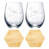 Set of 2 Zodiac Sign Wine Glasses with 2 Wooden Coasters (Pisces)