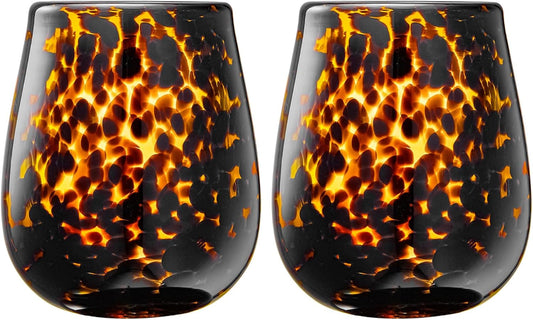 Khen Tortoise Leopard Wine Glasses Stylish Animal Print Set of 2