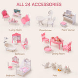 ROBUD Wooden Dollhouse for Kids with 24pcs Furniture Preschool