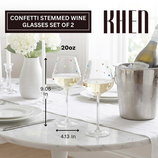 Confetti Stemmed Wine Glasses Set of 2, 20oz Multicolor Clear Glass