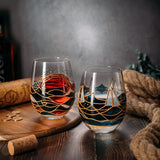 Artisanal Hand Painted Sunrise Glasses, Stemless Set of 2