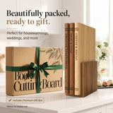 Premium 3pc Book Cutting Board Set with Stand, Space-Saving Decorative Wood Cutting Board Library, 100% Natural Wood Grain Finish, Sleek Laser-Engraved Labels