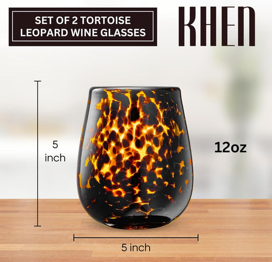Khen Tortoise Leopard Wine Glasses Stylish Animal Print Set of 2