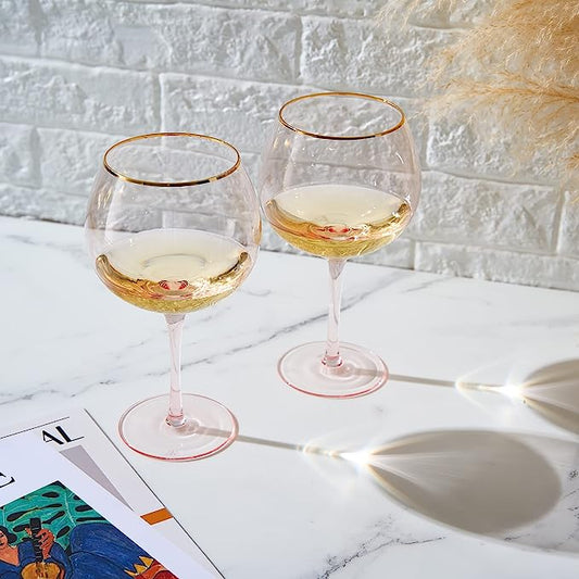 Colored Blush Pink & Gilded Rim Wine Glassware, Large 23oz