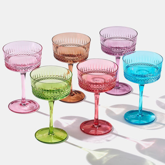 Art Deco Colored Crystal Coupe Glass | Set of 6 | Large 9.6oz