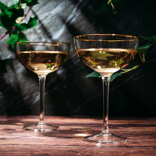 Vintage Crystal Champagne Coupe Gold Rim Glasses | Set of 2 | 7 oz