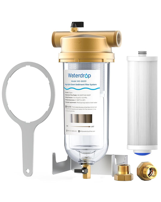 Waterdrop Mega Spin Down Sediment Filter, Reusable Whole House Water Filter System, 100+5 Micron Pleated PP Filter Sediment Water Filter with Bypass for City/Well Water, 1" MNPT + 3/4" FNPT, BPA Free