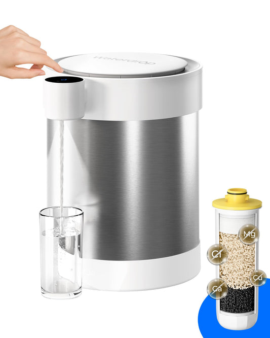 Waterdrop Rechargeable Non-Gravity Water Filter System, 5-Stage Stainless Steel Instant Powerful Dispenser, Reduce 70+ Contaminants, Soften Water, 22-Cup Countertop Water Filtration System
