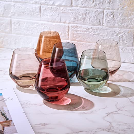 Colored Stemless Crystal Wine Glass Set of 6 - Large 16 oz (Pastel)