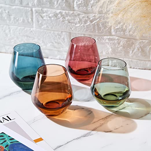 Colored Stemless Crystal Wine Glass Set of 4 - Large 16 oz (Pastel)