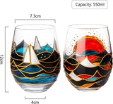 Artisanal Hand Painted Sunrise Glasses, Stemless Set of 2