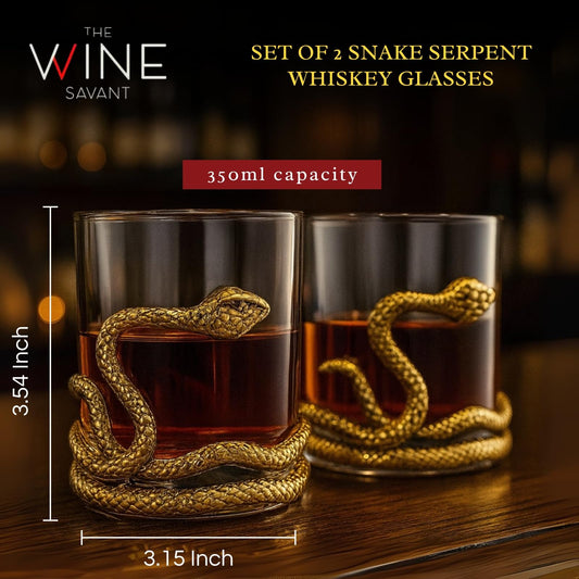 Snake Serpent Whiskey Glasses - 2 Glass Set Gold Design