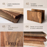 Premium 3pc Book Cutting Board Set with Stand, Space-Saving Decorative Wood Cutting Board Library, 100% Natural Wood Grain Finish, Sleek Laser-Engraved Labels