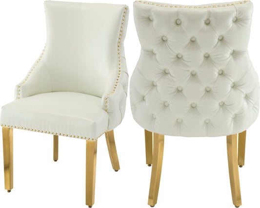 Tuft Luxurious White Faux Leather Dining Chair Set of 2 - Gold Stainless Steel Legs & Tufting