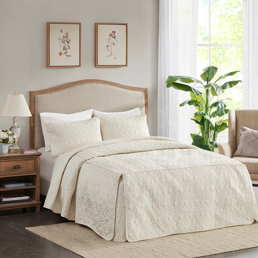 3 Piece Split Corner Pleated Quilted Bedspread, Cream
