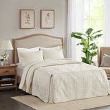3 Piece Split Corner Pleated Quilted Bedspread, Cream