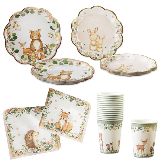 Woodland Baby 78 Piece Party Tableware Set - Pink (16 Guests)