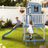 9-in-1 Wooden Playhouse Slide Kitchen Sandbox, Blue