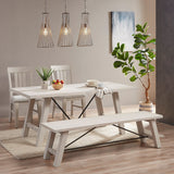 French Country White Wood Dining Bench Seats 3 *