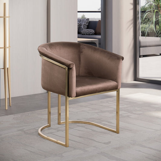 Tierra Brown Velvet Dining Chair – Elegant Barrel-Style Design with Brass Accents for Modern Spaces
