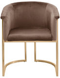 Tierra Brown Velvet Dining Chair – Elegant Barrel-Style Design with Brass Accents for Modern Spaces