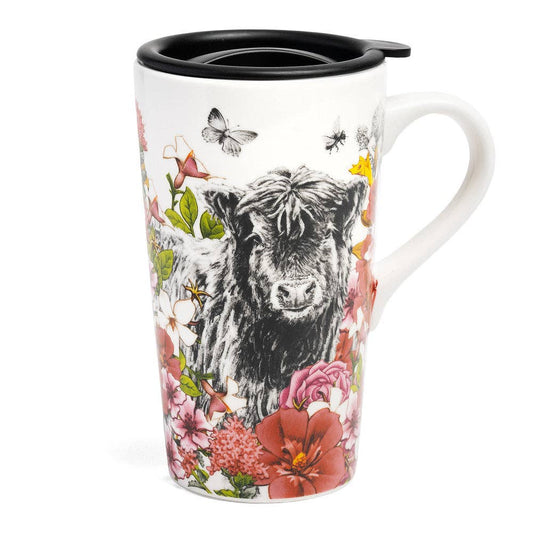 Blue Stallion Bowie Cow Floral Travel Mug With Lid