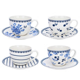 Vintage Indigo Porcelain Tea Cup & Saucer Set of 4
