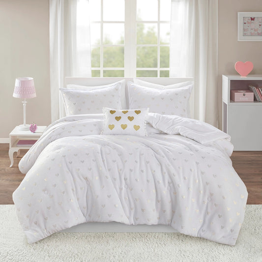 Gold Metallic Printed Plush Comforter Set, White