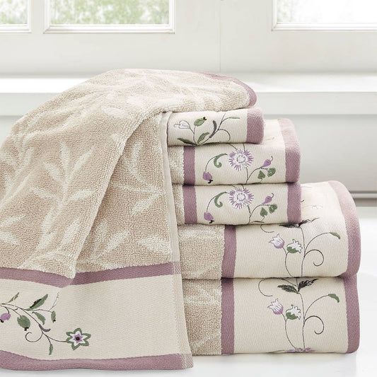 Embroidered Cotton Jacquard 6-Piece Towel Set, Purple