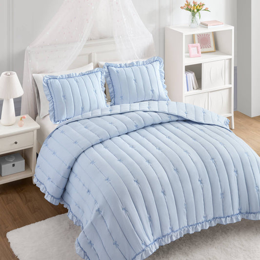 Soft Bow Embroidered Quilt Mini Set, Blue