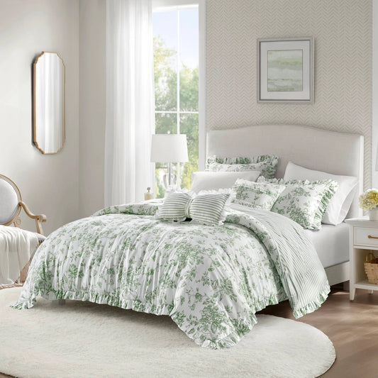 Vintage Comforter Set with Decorative Pillows, Green