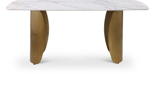 Niya Dining Table – Elegant Marble-Look Sintered Stone Top with Brushed Gold Curved Base Design