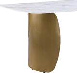 Niya Dining Table – Elegant Marble-Look Sintered Stone Top with Brushed Gold Curved Base Design