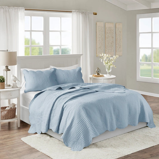 3 Piece Reversible Scalloped Edge Quilt Set, Blue