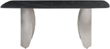Niya Dining Table – Elegant Marble-Look Sintered Stone Top with Brushed Gold Curved Base Design