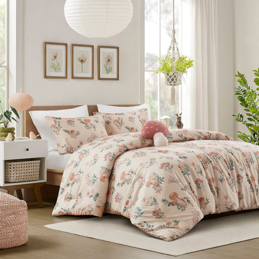 Mushroom Floral Garden Kid's Comforter Set, Blush