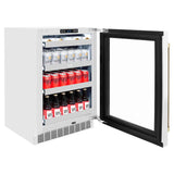 ZLINE 24" Touchstone 151 Can Beverage Fridge White Matte Glass Door Polished Gold Handle RBSOZ-WM-24-G