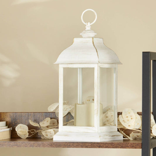 Led Vintage Decorative Distressed White Lantern - Manchester