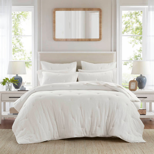 Crinkle Textured Cotton Gauze Embroidered Quilt Set, White