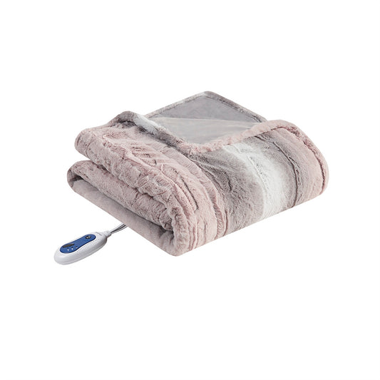 Heated 50x70 Faux Long Fur Electric Throw Blanket Blush/Grey