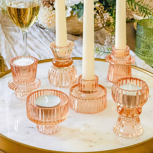 Rose Gold Ribbed Glass Candle Holders Set of 6