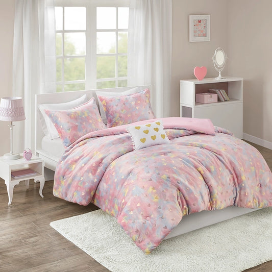 Gold Metallic Printed Plush Comforter Set, Pink