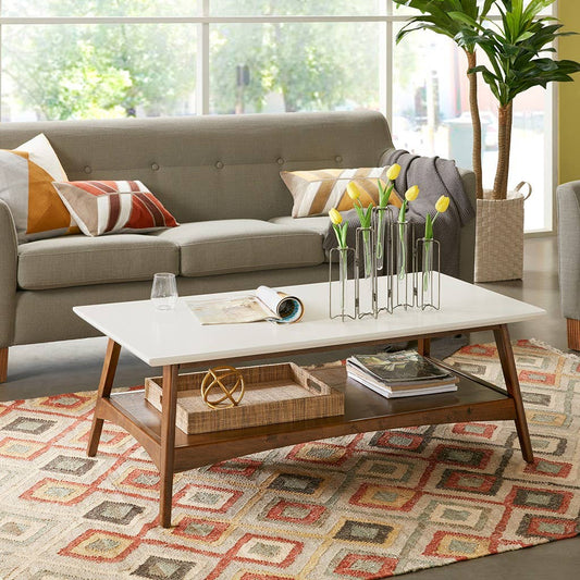 Midcentury Pecan Wood Coffee Table with Bottom Shelf