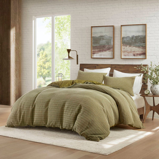 Stone-Washed Cotton Waffle Texture Duvet Cover, Green