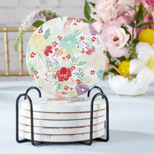 Garden Blooms Ceramic Coaster with Holder (Set of 6)