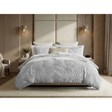 Stone-Washed Leaf Patterned Jacquard Duvet Set, Light Gray