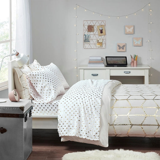 Metallic Dot 4-Piece Sheet Set, White/Gold