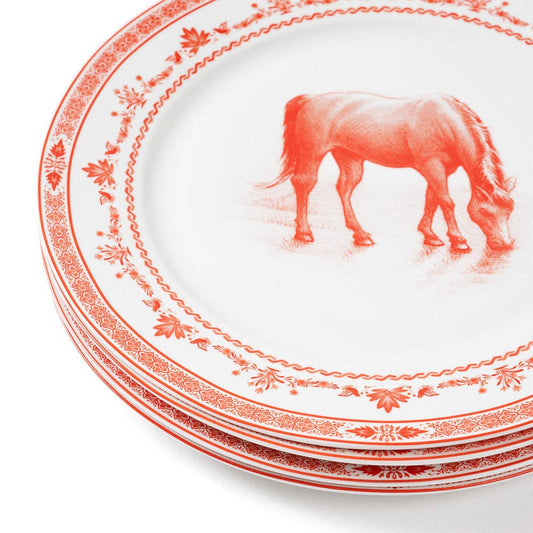 Blue Stallion Red White Farm Dinner Plates Set of 4